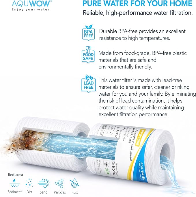 PPW10BB 5 Micron 4.5" x 10" String Wound Sediment Filter Set – Replacement Cartridges for Whole House & Under Sink Systems, Durable Depth Filtration (2, 10 x 4.5)