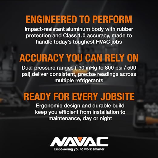 NAVAC N2A4B Manifold Gauge - Class 1.0 Accuracy, Impact-Resistant, Manifold Gauge for HVAC with Quarter-Turn Ball Valve Handles & Strengthened Folding Hook Design, Easy to Carry, Hose Not Included