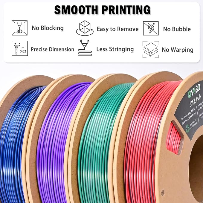 OVV3D Silk PLA 3D Printer Filament Bundle 250g x 4 Spools, Shiny Dual Color Filament 1.75mm Pack, Multi Color Change 3D Printing Filament, High Gloss Shine, 4 Pack (Black - Purple, Red, Green, Blue)