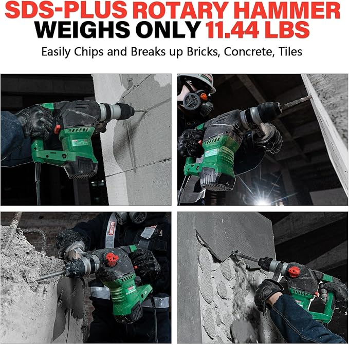 1-1/4" Heavy Duty SDS-Plus Rotary Hammer Drill for Concrete/Masonry | 12.5 Amp Corded Electric 11.5 Lbs 3 Functions Safety Clutch Demolition Rotomartillo w/ 3 Drill Bits 2 Chisels Carrying Case