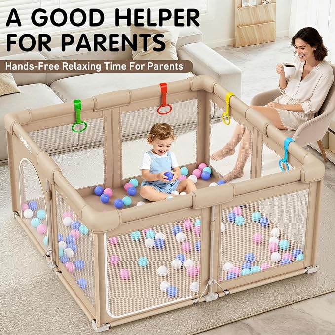 Baby Playpen Foldable Playpen for Babies and Toddlers, Large Playpens Portable Play Pen Play Yard for Kid Fence Indoor Outdoor Travel 4 Handlers 50 Balls Baby Newborn Infant Gifts 50"X50" Khaki