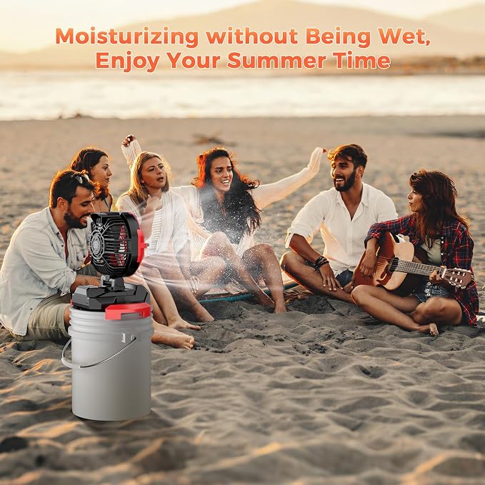 Portable Misting Fan, 30000mAh Rechargeable Battery Powered Floor Cooling Fan with 4 Strong Winds, 4 Spray Mister, Adjustable Base for 10-13in Bucket for Camping, Beach, Patio (Red, Medium)