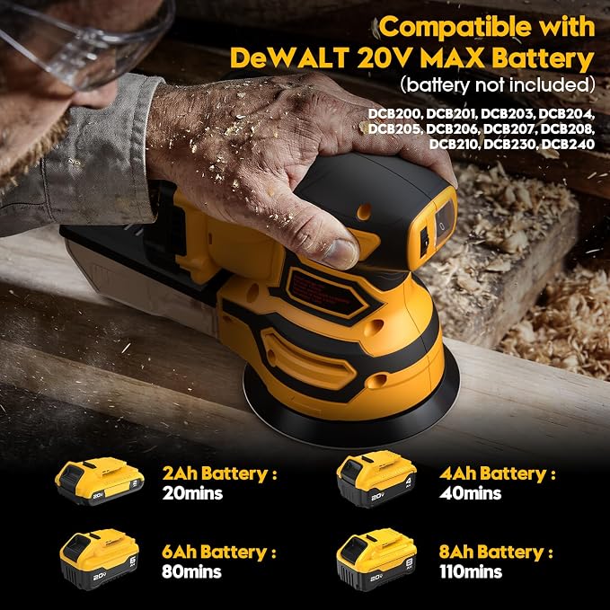Cordless Random Orbital Sander for Dewalt 20V Battery, Brushless 5-Inch Sander with 6 Variable Speeds, 6000-12000 OPM, Dust Collection Box & 12 Sanding Discs (Battery Not Included) (Yellow)