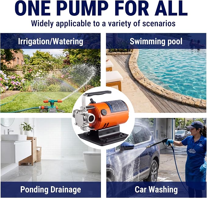 HoldwellS Water Transfer Pump 115V AC, 360 GPH, 1/10HP, 46FT High-Lift | Utility Pump, Portable Electric Water Pump with Water Hose Kit, Incl. Carbon Brushes, Impeller etc, For Water Removal