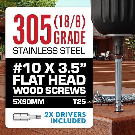 #10 x 3 1/2 Inch Stainless Steel Deck Screws | 305 Grade (1000 Pack) | Flat Head T25 Star Torx Drive | Stainless Steel Screws by Eagle Claw Fasteners | Corrosion & Rust Resistant (Incl. 2 Driver Bits)