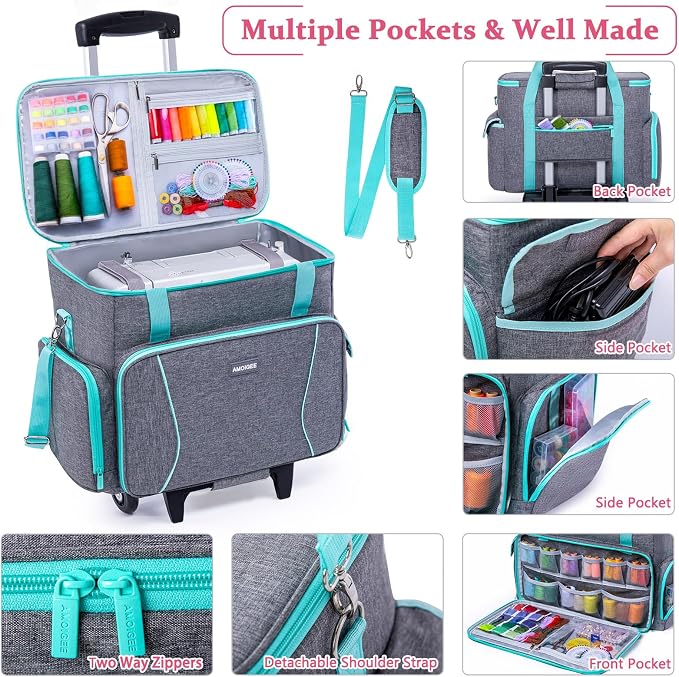 AMOIGEE Rolling Sewing Machine Case with Wheels – Sewing Machine Bag with Detachable Wheels Frame, Trolley Tote with Removable Padding,Fits Most Standard Machines Compatible with Singer,Brother,Janome