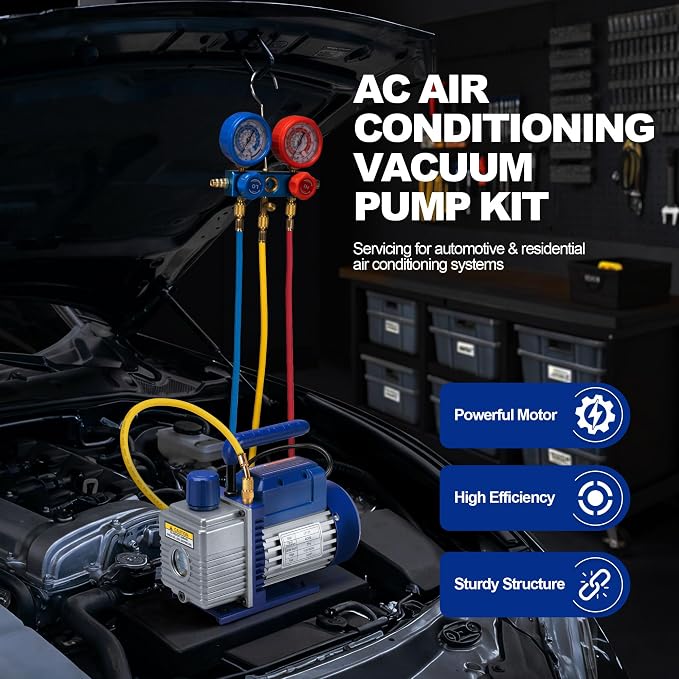 4CFM 1/3 HP Single Stage Rotary Vane AC Air Conditioning Vacuum Pump Kit with Manifold Gauge Set Hoses and Leak Dectactor for HVAC Automotive and Household Refrigeration Systems