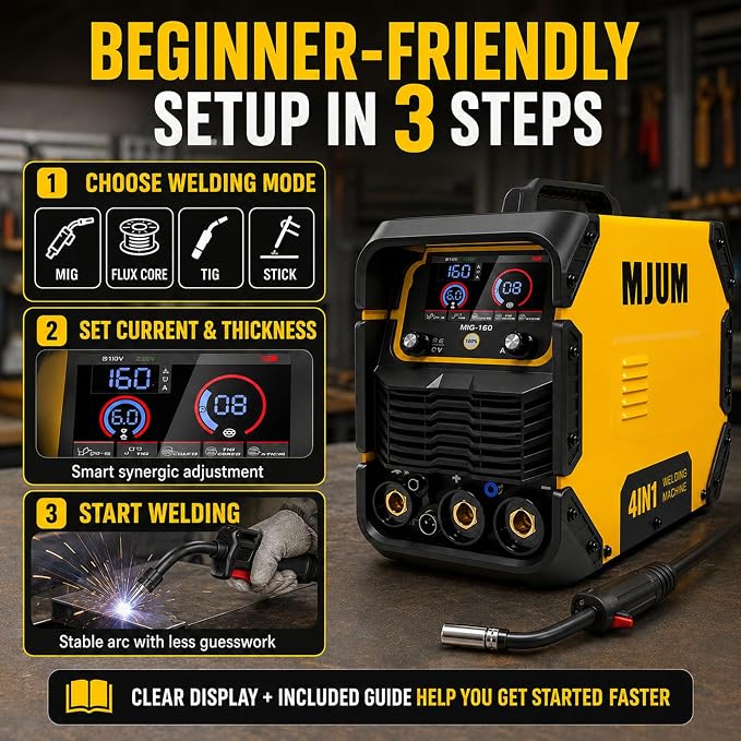 160A 4-in-1 Welding Machine: 110V/220V Dual Voltage MIG Welder with Smart Synergic Control, Flux Core/Gas MIG/Lift TIG/Stick Welder, IGBT Inverter HD Display for Home Repair Auto Fabrication