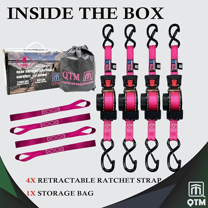 QTM 4-Pack Stainless Steel Spring Retractable Ratchet Straps Pink, 1" x10' with Soft Loops, Heavy Duty, 2,000lbs Breaking Strength, with Storage Bag, Best for Cargo, Truck, Bicycle, Motorcycle