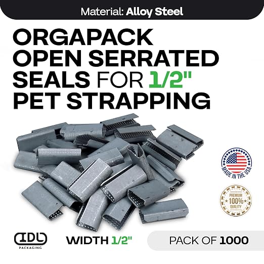 IDL Packaging Orgapack Open Serrated Seals for 1/2" Polyester (PET) Strapping, Pack of 1000 - USA-Made Superior Holding Power Metal Clips for Banding, Packing - Orgapack Patented Serrated Pattern