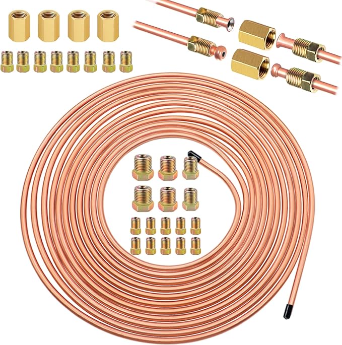 Tnisesm 3/16" 25 Ft Upgrade Brake Line Tubing Kit, 3/16 Copper Coated Flexible Tube (Upgrade 16Pcs Fittings,4Pcs Unions+8Pcs Nut)