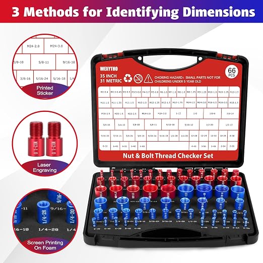 66 Pcs Nut and Bolt Thread Checker Set with 31 Metric and 35 Inch Thread Gauge Ideal for Tight Spaces Includes SAE and Metric Sizes Perfect for Bolt Thread Checker and Nut and Bolt Checker Set