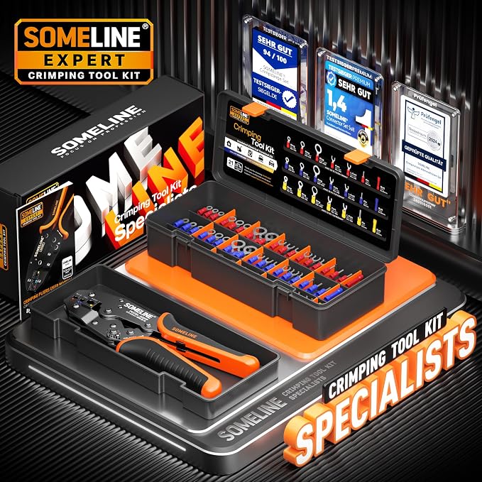 SOMELINE Wire Connectors Kit with Crimping Tool, 21 Types (UL Listed) Premium Insulated Electrical Terminals Assortment, 22-10 AWG Ratchet Wire Crimper - Ring, Fork, Butt, Pin Connectors (147 Pcs)