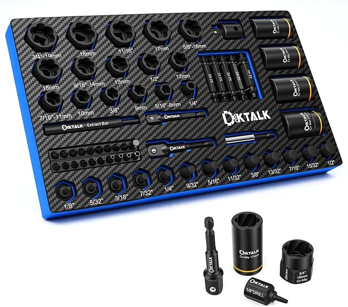 63PCS Impact Bolt Extractor Kit, Bolt & Nut Remover Tool, Easy Out Screw Extractor Set for Stripped/Damaged Screws, Bolts, Lug Nuts - Includes Screwdriver Bits & Adapters
