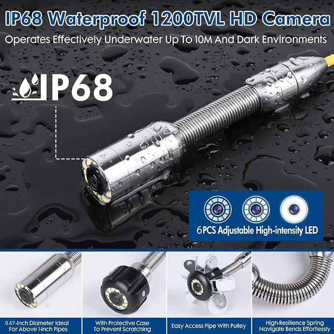 Sewer Pipe Snake Camera 25FT,with 32GB Card 4.3'' Video Screen,HD JQKJCAM Duct Sewer Drain Inspection Camera with Light Meter Counter,17MM/0.67‘’ Industrial Endoscope for Pipes(10M/33FT)