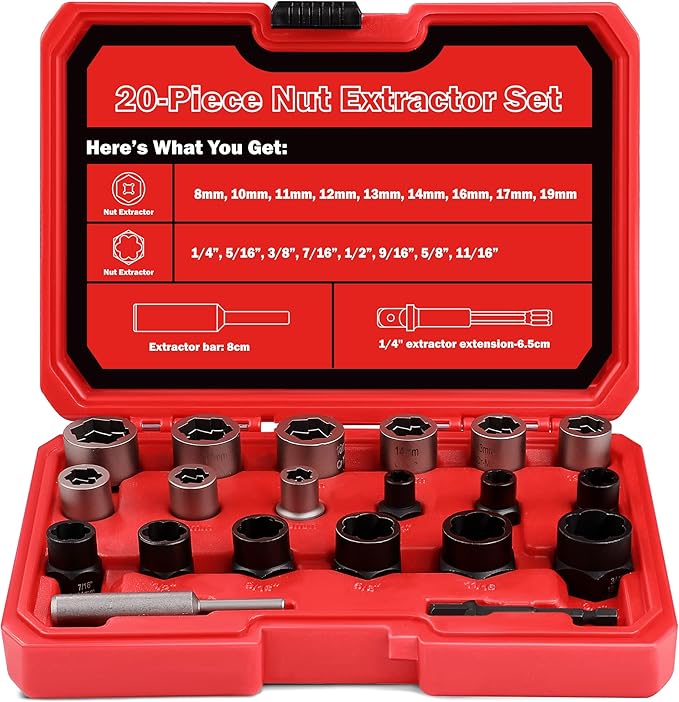 20-Pcs Bolt &Nuts Extractor Set, 3/8'' Drive Easy Out Bolt Extractor Set, Rounded Bolt Remover Heavy Duty, Broken Bolt Extractor Kit for Damaged, Frozen Bolts, Lug Nut, Nuts, Screws