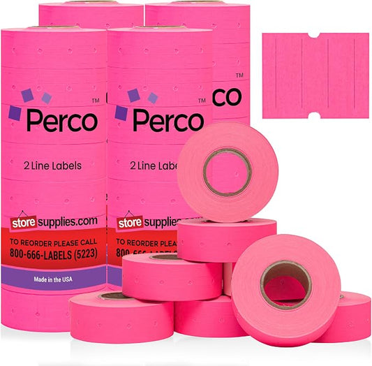 Perco 2 Line Fluorescent Pink Labels - 24,000 Blank Price and Date Gun Labels for Perco 2 Line Price and Date Guns - 32 Rolls, 4 Sleeves - Made in USA