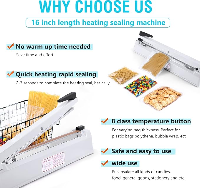 Metronic 16 inch Impulse Sealer, Manual Heat Sealer Machine for Plastic bags, Shrink Wrap Bags Sealer Heavy Duty Sealing Machine with Repair Kit, White