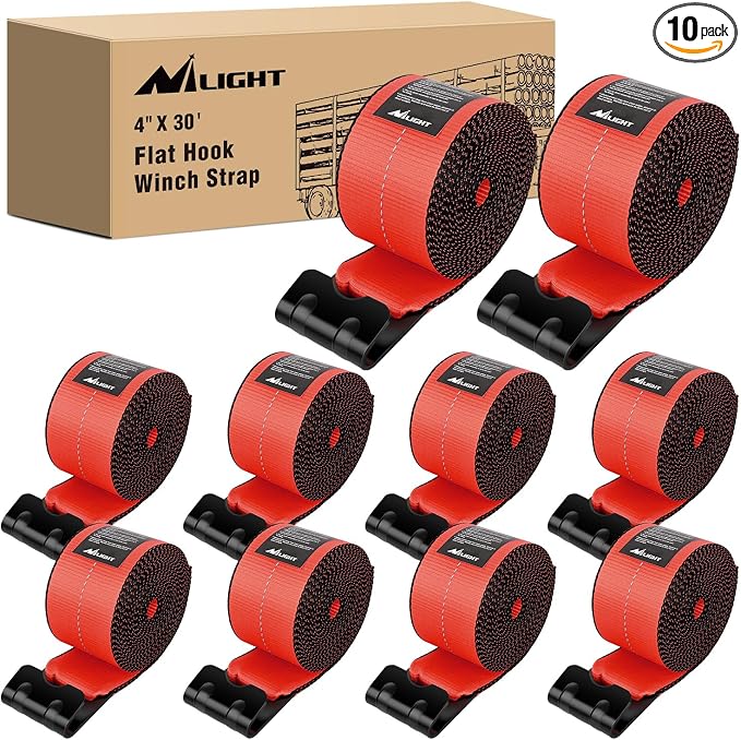Nilight Truck Straps 4" x 30' Heavy Duty Tie Down with Flat Hooks 16800LBS Break Strength & 5400LBS WLL for Flatbed Trailer Cargo Control Recovery Tree Saver Bright Red (10 Pack)