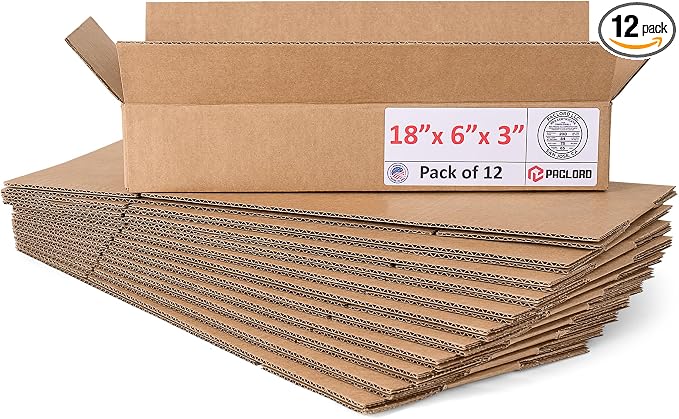 Flat Cardboard Boxes 18"L x 6"W x 3"H (Pack of 12) - USA-Made Packing Boxes for Moving, Shipping, or Storage - USPS, UPS, FedEx Approved - Professional Packing Supplies for Moving | USA-Made Packing Boxes for Moving, Shipping, or Storage - USPS, UPS, F...