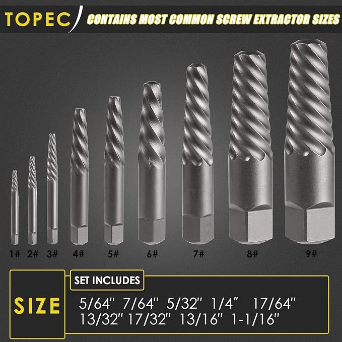 Topec 9 Piece Jumbo Spiral Flute Extractor -Easy Out Bolt Screw Extractor Set Square Shank Reverse Bit Set for Removing Broken Screws, Bolts, and Studs with Reverse Drill Bit Extractor Set
