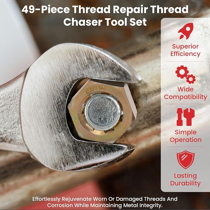 49PCS Thread Chaser Set, Thread Repair Chaser Kit with Metric and UNC UNF Universal Rethreading Kit Thread Restorer Kit