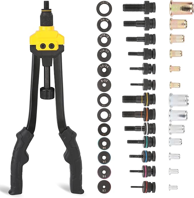 HURRICANE 16" Rivet Nut Tool Kit with Auto Release, Heavy Duty Hand Riveter-13 Metric&SAE Mandrels, 130Pcs Nutserts, Long Arm Labor-Saving Design for Automotive, Metal & Marine – Includes Plastic Case