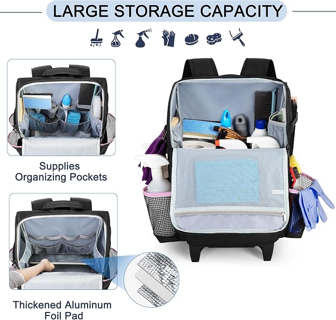 LoDrid Rolling Cleaning Backpack with Detachable Trolley, Professional Cleaning Supply Bag with Wheel, Mobile Cleaning Cart with Handle and Shoulder Strap, Cleaning Bags for House Cleaners, Bag Only
