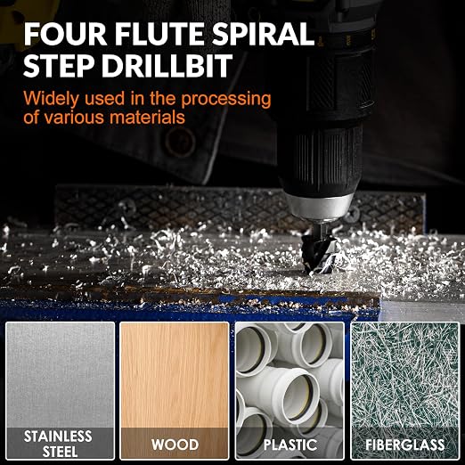 THINKWORK Four Spiral Flute Step Drill Bit Set, 3 Pcs HSS Step Drill Bits (1/8"-7/8") Unibit Step Drill Bit with Tool Box, 1/4" Shank Step Bits for Aluminum, Wood, Plastic, Metal