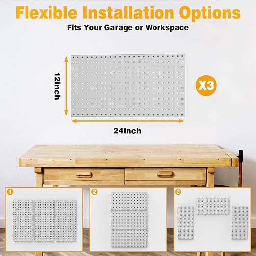 Pegboard Smith Metal Pegboard Panels 12" x 24", 3 Pack Grey Wall Mounted Tool Organizer Boards, Heavy Duty Tool Storage Peg Board for Garage, Workbench, Office, Fits 1/4" Peg Hooks