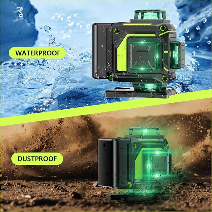 16 Line Laser Level 360 Self Leveling, 4x360°Professional 4D Green Cross Line laser Level with 2 Batteries, Adjustable Brightness & Remote Control, for Tiling Floor Construction and Picture Hanging
