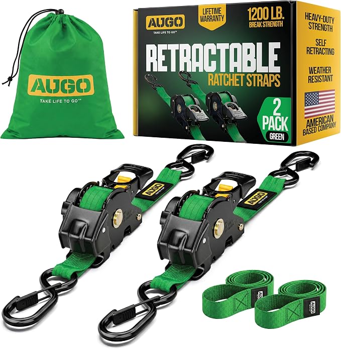 AUGO Retractable Ratchet Straps | 2 Heavy Duty Ratchet Straps Self Retractable Tie Downs with Soft Loops & Storage Bag for Motorcycle, Truck, Trailer, Cargo Van | 1200 Lb Break Strength 1” x 10’