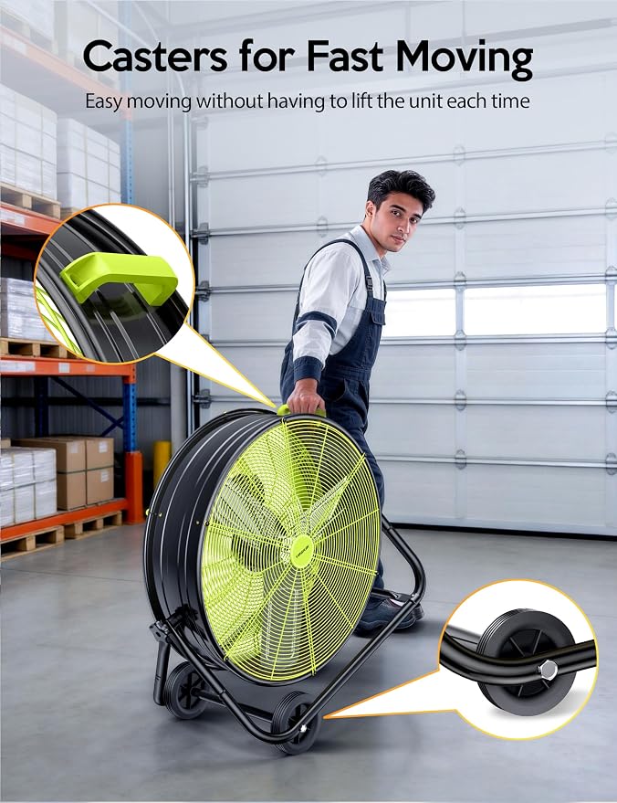 VAGKRI 24 Inch Industrial Drum Fan, 320W High Velocity Floor Fan, 3 Speed Heavy Duty Metal Air Circulator, 360° Tilt with Casters Handle ETL Standard for Patios, Commercial,Basement,Warehouse (Green)