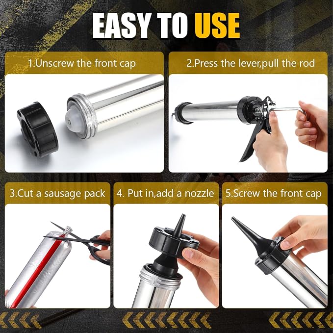 4 Pack Sausage Caulking Gun, 20 oz Stainless Steel Caulk Gun with 4 Cone Nozzles, 18: 1 Thrust Ratio, Heavy Duty Caulking Tools for Construction, Bathroom, Window