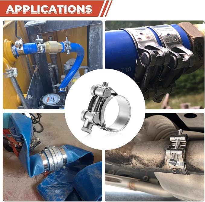 AKIHISA 50Pcs 17-43mm 8Sizes T Bolt Hose Clamps, 304 Stainless Steel Heavy Duty Hose Clamps, Constant Tension Hose Clamp, with M8 and M10 Socket Wrenches