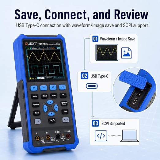 HDS242S Oscilloscope, 2 in 1 Dual Channel 40MHz Bandwidth Handheld Oscilloscope Multiumeter with Waveform Generator for Automatic Measurements, Electronic Measurement 3.5 inch LCD