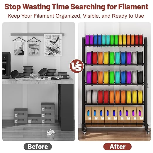 3D Printer Filament Storage Rack with Wheels, 5-Tier Adjustable Metal Shelf Holds 40 Spools, Mobile Filament Organizer with Hooks for PLA ABS TPU, 3D Printing Workspace & Studio