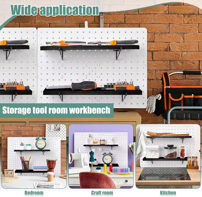 Qunclay 8 Pack Pegboard Shelf Set Wooden Shelves with Metal Brackets Hook Wall Pegboard Shelving Heavy Duty Accessories for Crafts Home Office Garage Workbench(Black)