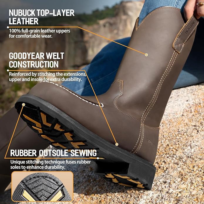 Steel Toe Work Boots - Puncture Proof with Steel Shank, GoodyearWelt, Full-Grain Leather, Oil & Slip Resistant, Pull-On Moc Design - Ideal for Construction and Farming (Dark Brown, Sizes 7-14)
