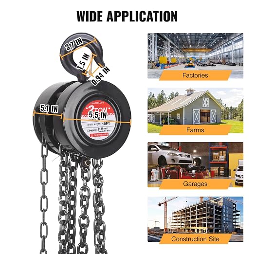 Hand Chain Hoist, 2 Ton/4400 lbs Capacity, Heavy Duty Steel Chain Fall Hoist with 10 Ft Lifting Height, Manual Chain Block Hoist with 2 Chain Hooks for Lifting in Transport & Workshop