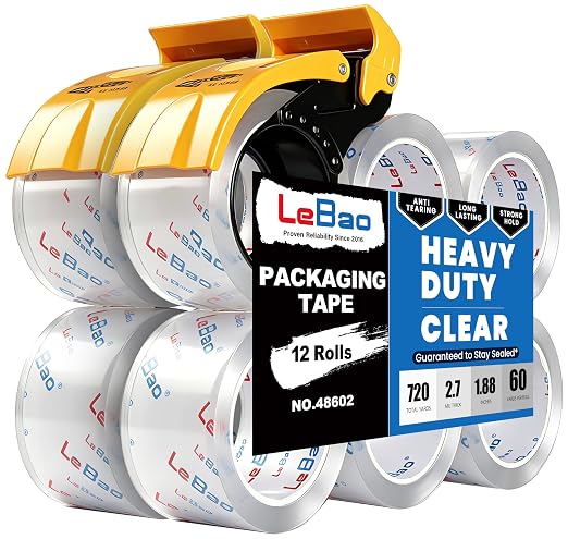 Heavy Duty Packing Tape with Dispenser, Strong HD Clear Packaging Tape, 1.88 in. x 60 yd. x 2.7MiL, Secure Sealing for Cardboard Moving Boxes Shipping Supplies (12-Pack Refill)