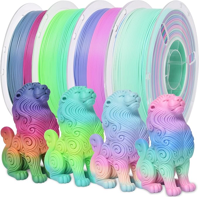 RAMBERY 4 Colors Matte Rainbow PLA 3D Printer Filament Bundle Fast Color Change 3D Printing Filament 1.75mm +/- 0.02mm, 1kg(2.2lb) X4PCS, Matte Rainbow/Lollipop/Red Coral/Green-Blue