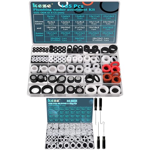 KEZE 165 PCS 24 Sizes Plumbing Washers Assorted Kit and 1228 Pcs 32 Size Clear Food Grade Silicone O Rings Kit for O Rings Faucet Automotive Hydraulic Pipe Repair