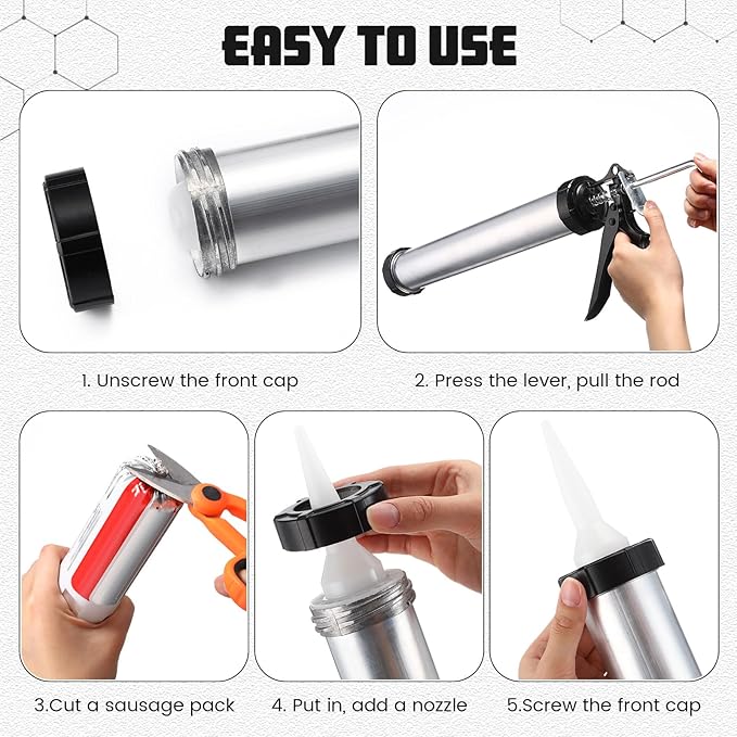 Lasnten 2 Pack Sausage Caulk Gun 20 oz Aluminum Sausage Caulking Gun Cordless Caulk Gun with 4 Cone Nozzles, 18: 1 Thrust, Aluminum Sealant Hand Caulk Gun Kit for Contractors