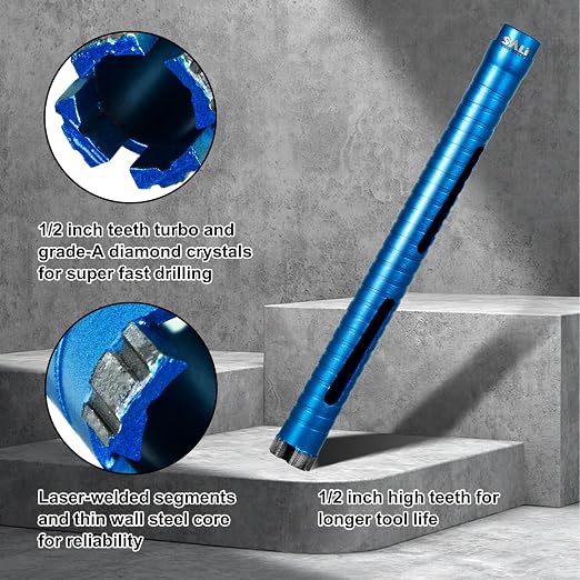SALI Diamond Core Drill Bits 1 1/8" Diameter 10"/254mm Drilling Depth 5/8-11" Thread Core Bit Turbo Laser-Welded Segments for Cured Concrete with, Brick, Block, Masonry, with Two Adapters