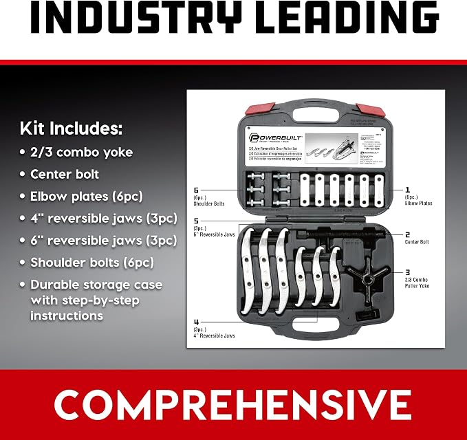 Powerbuilt Combo 2/3 Jaw Reversible Gear Puller Set, 4-Inch and 6-Inch Reversible Jaws, Innovation design switch from 2 jaws to 3 jaws, Removes Gear, Bearing, Pulley and Flywheel - 648613