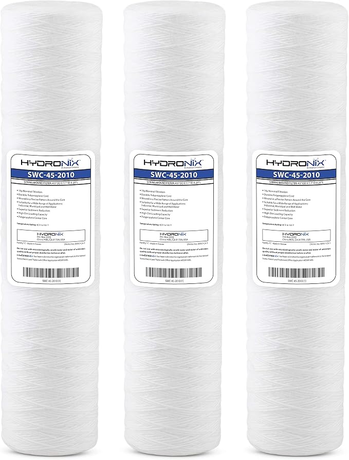 Hydronix HX-SWC-45-2010/3 Sediment String Wound Water Filter Cartridge For Whole House, Commercial 4.5 x 20, 10 Micron 3 Pack, White