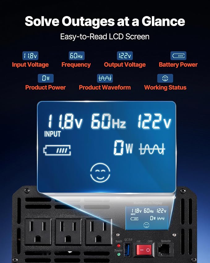 VEVOR 2500W Pure Sine Wave Inverter, 12V DC to 120V AC Car Inverter, 3 AC Outlets, USB Port, LCD Display, Remote Controller, Black, for RV Truck Car Solar System Travel Camping