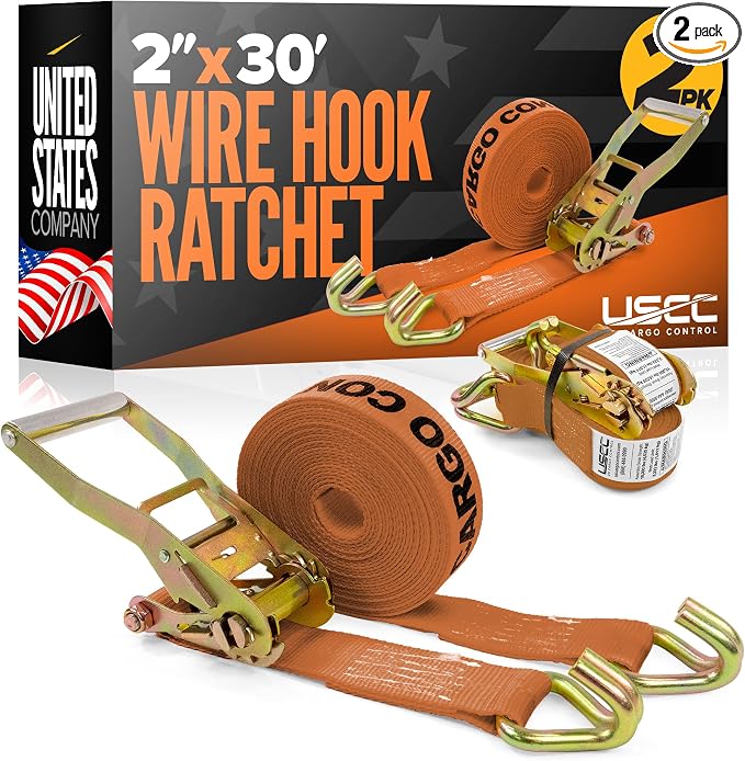 US Cargo Control Wire Hook Ratchet Straps 2 Inch x 30 Foot (2-Pack), 10,000 LBS Break Strength, Ratchet Straps Heavy Duty with Double J Hooks, Orange Cargo Tie Downs for Flatbed Trailers and Trucks