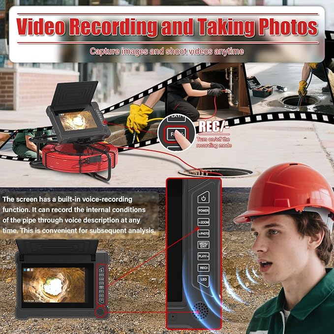 Sewer Pipe Inspection Camera, IPS Monitor 32GB TF Card DVR, IP68 1200TVL HD Camera 65/100FT Fiberglass Cable, 5600mAh Battery Night Vision, for Home/Contractor/Plumber (7 inch/100FT)